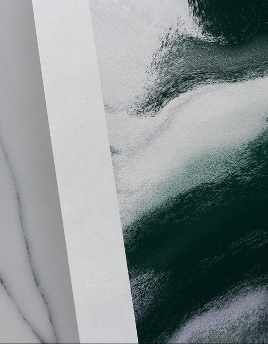 Close-up of contemporary abstract artwork "Measured Against" from the Infinite Studio series by Nicole Potrich featuring deep green and white fluid marble-inspired abstraction exploring comparison and emotional tension.