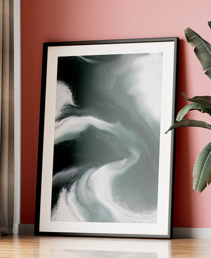 Framed contemporary abstract artwork "Measured Against" from the Infinite Studio series by Nicole Potrich featuring deep green and white fluid marble-inspired abstraction exploring comparison and emotional tension.