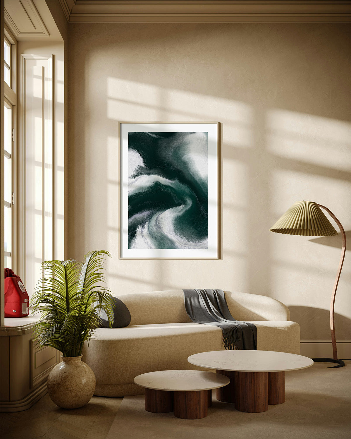Framed contemporary abstract artwork "Measured Against" from the Infinite Studio series by Nicole Potrich featuring deep green and white fluid marble-inspired abstraction exploring comparison and emotional tension. Mounted on a wall in a cozy livingroom.