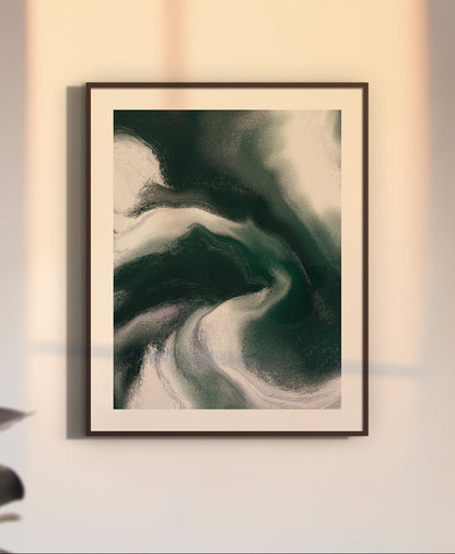 Framed contemporary abstract artwork "Measured Against" from the Infinite Studio series by Nicole Potrich featuring deep green and white fluid marble-inspired abstraction exploring comparison and emotional tension.