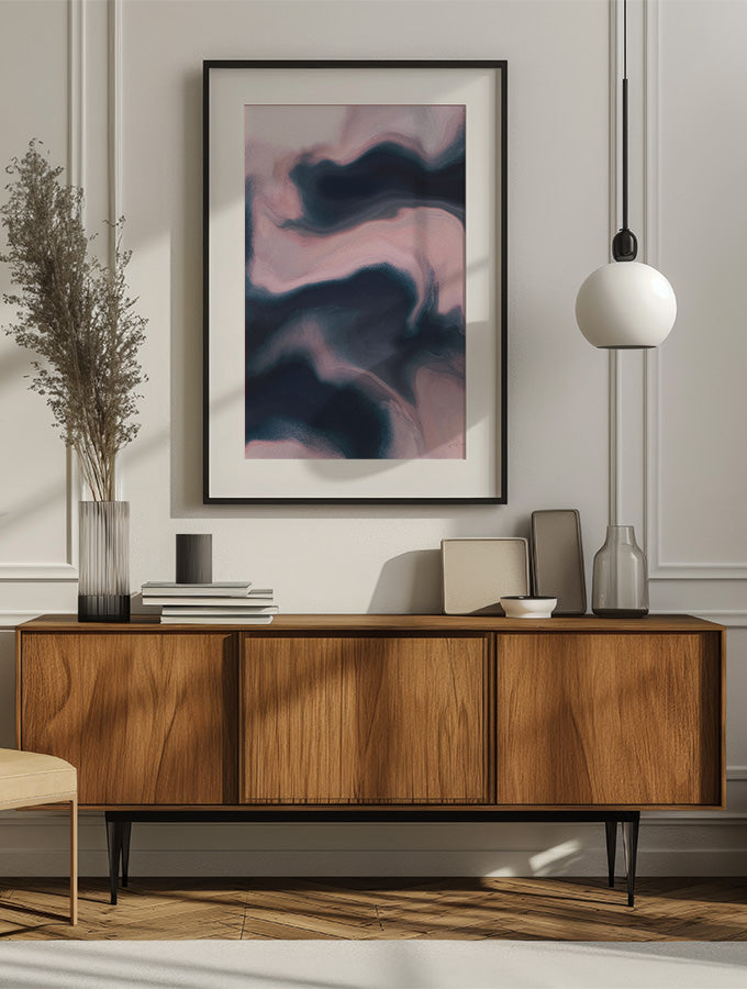 Contemporary abstract artwork "Soft Admission" from the Infinite Studio series by artist Nicole Potrich featuring blush and slate tones with fluid marble-inspired abstraction and layered texture mounted on a wall in a contemporary room.