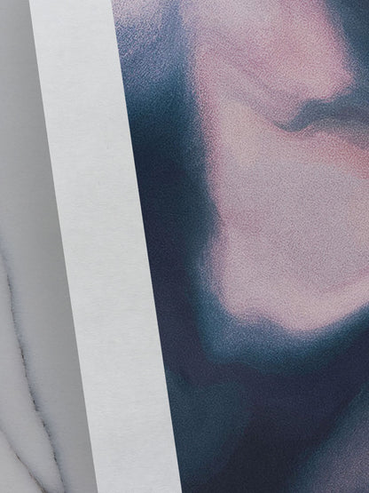 Close-up contemporary abstract artwork "Soft Admission" from the Infinite Studio series by artist Nicole Potrich featuring blush and slate tones with fluid marble-inspired abstraction and layered texture.