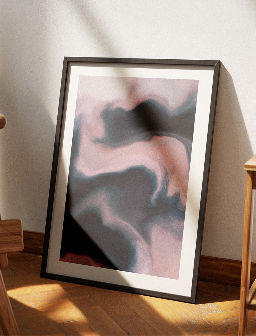 Framed contemporary abstract artwork "Soft Admission" from the Infinite Studio series by artist Nicole Potrich featuring blush and slate tones with fluid marble-inspired abstraction and layered texture.