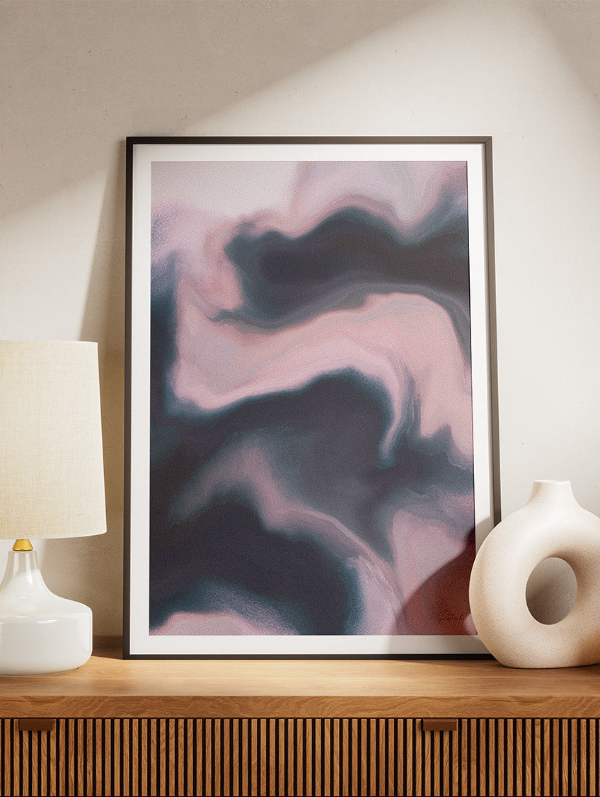 Framed contemporary abstract artwork "Soft Admission" from the Infinite Studio series by artist Nicole Potrich featuring blush and slate tones with fluid marble-inspired abstraction and layered texture.