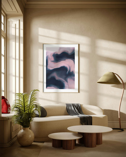 Contemporary abstract artwork "Soft Admission" from the Infinite Studio series by artist Nicole Potrich featuring blush and slate tones with fluid marble-inspired abstraction and layered texture mounted on a modern livingroom wall.