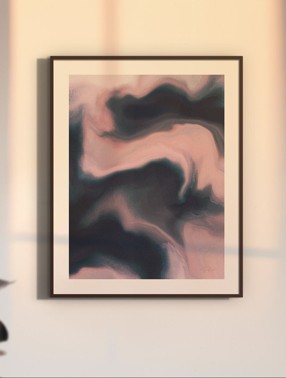 Framed contemporary abstract artwork "Soft Admission" from the Infinite Studio series by artist Nicole Potrich featuring blush and slate tones with fluid marble-inspired abstraction and layered texture. Mounted on wall with warm light.