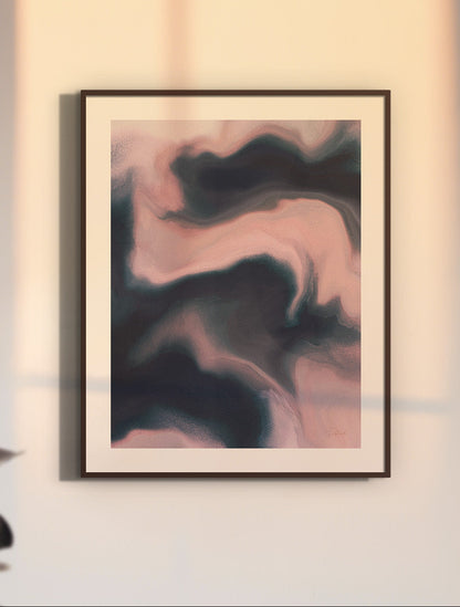 Framed contemporary abstract artwork "Soft Admission" from the Infinite Studio series by artist Nicole Potrich featuring blush and slate tones with fluid marble-inspired abstraction and layered texture. Mounted on wall with warm light.
