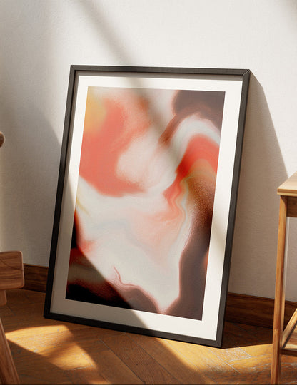 Framed contemporary abstract artwork "Speaking Anyway" from the Infinite Studio series by Nicole Potrich featuring white and warm orange fluid abstract forms and marble-like textures in a cozy livingroom.