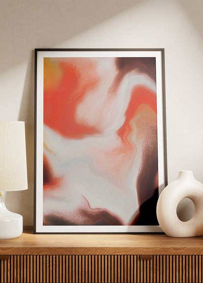 Framed contemporary abstract artwork "Speaking Anyway" from the Infinite Studio series by Nicole Potrich featuring white and warm orange fluid abstract forms and marble-like textures in a cozy livingroom.