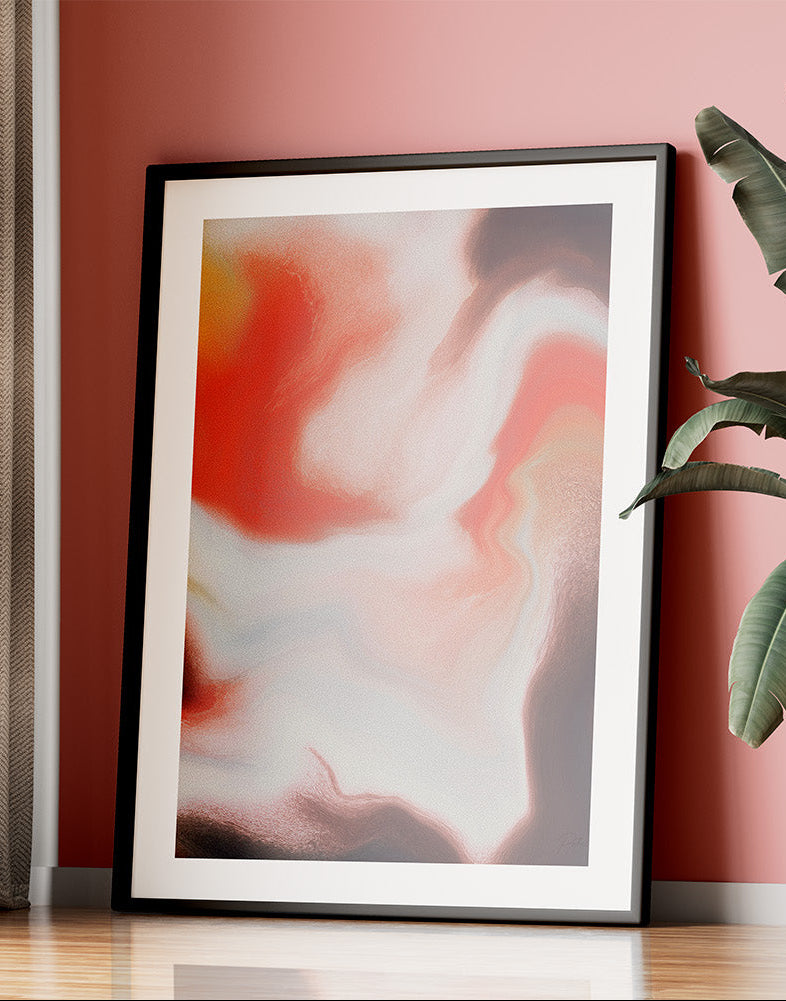 Framed contemporary abstract artwork "Speaking Anyway" from the Infinite Studio series by Nicole Potrich featuring white and warm orange fluid abstract forms and marble-like textures against a red wall.