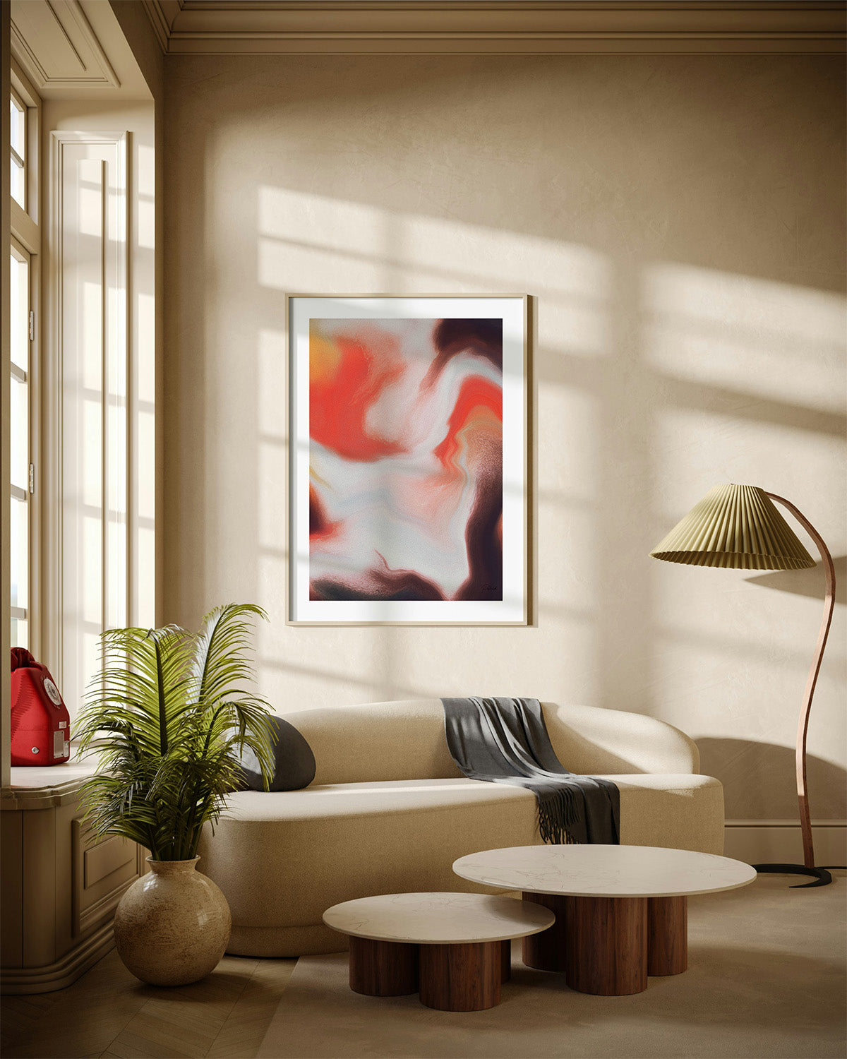 Contemporary abstract artwork "Speaking Anyway" from the Infinite Studio series by Nicole Potrich featuring white and warm orange fluid abstract forms and marble-like textures mounted on a cozy livingroom.