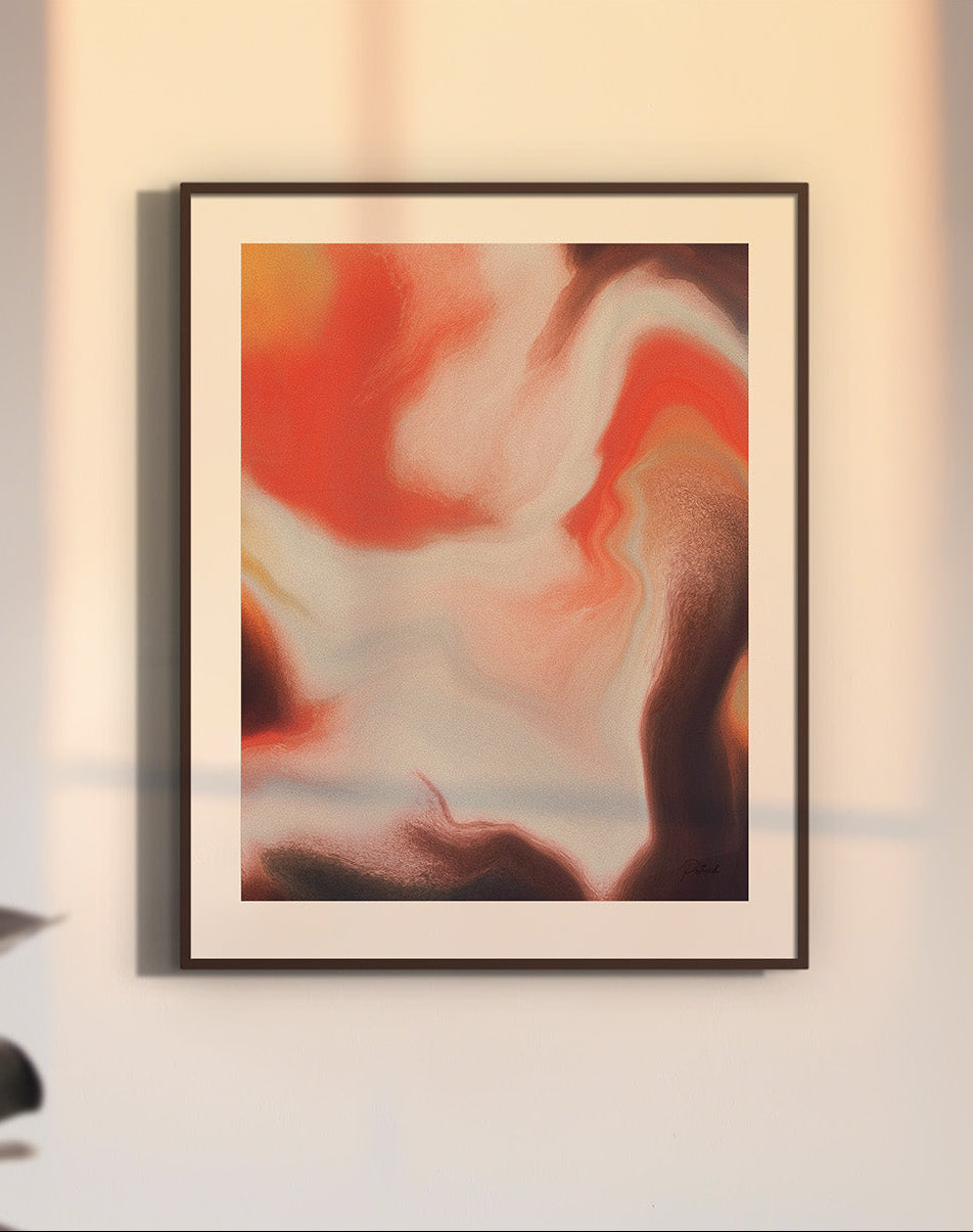 Contemporary abstract artwork "Speaking Anyway" from the Infinite Studio series by Nicole Potrich featuring white and warm orange fluid abstract forms and marble-like textures mounted on a wall.