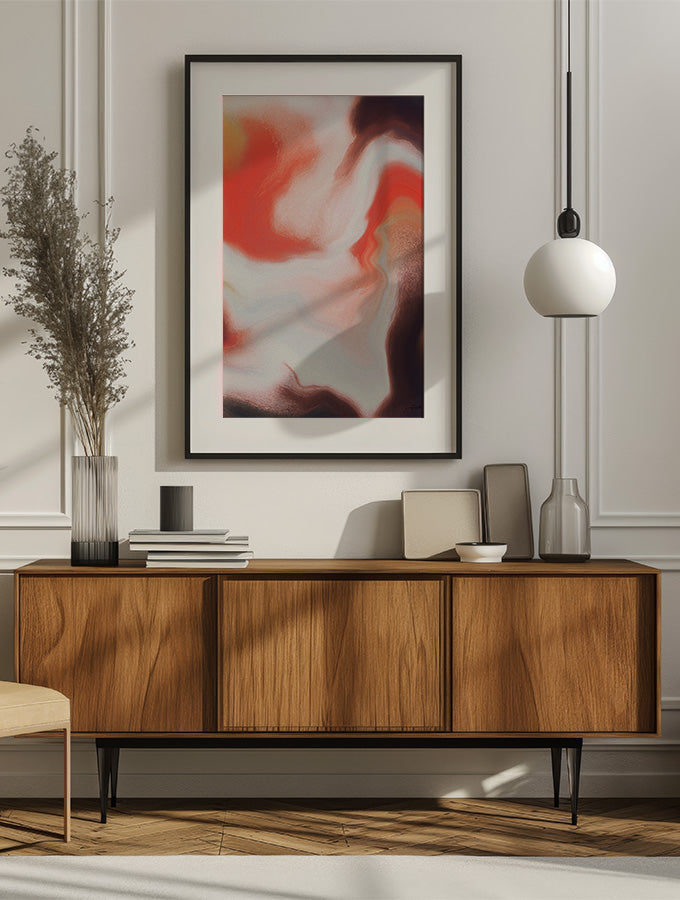 Contemporary abstract artwork "Speaking Anyway" from the Infinite Studio series by Nicole Potrich featuring white and warm orange fluid abstract forms and marble-like textures mounted on wall in a modern livingroom.