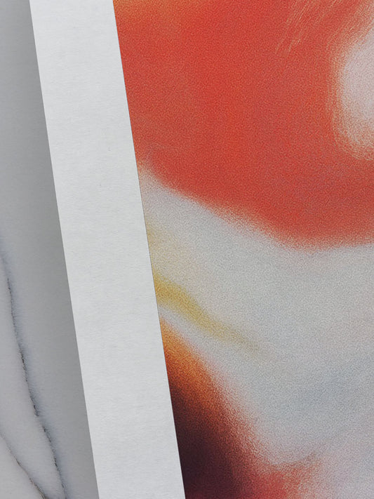 Close-up of contemporary abstract artwork "Speaking Anyway" from the Infinite Studio series by Nicole Potrich featuring white and warm orange fluid abstract forms and marble-like textures.