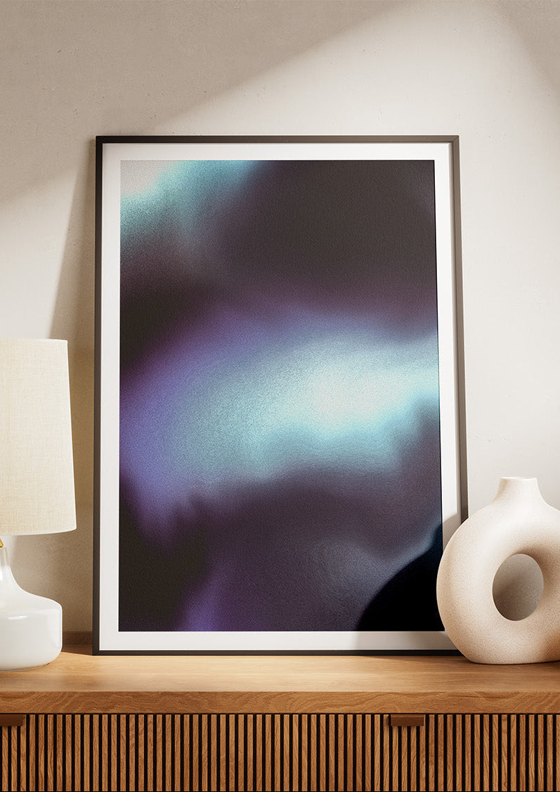 Framed contemporary abstract artwork "Crossing Over" from the Infinite Studio series by Nicole Potrich featuring deep blue and cyan fluid abstraction with layered marble-inspired textures.