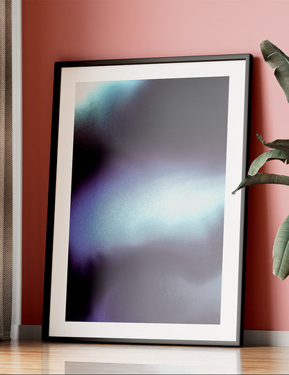 Framed contemporary abstract artwork "Crossing Over" from the Infinite Studio series by Nicole Potrich featuring deep blue and cyan fluid abstraction with layered marble-inspired textures. Against red wall.