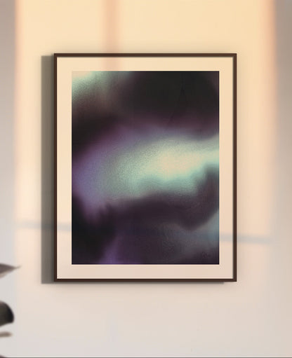 Framed contemporary abstract artwork "Crossing Over" from the Infinite Studio series by Nicole Potrich featuring deep blue and cyan fluid abstraction with layered marble-inspired textures mounted on a wall.