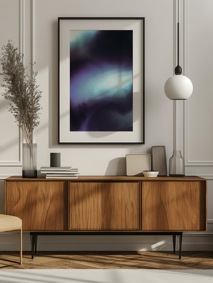 Framed-ontemporary abstract artwork "Crossing Over" from the Infinite Studio series by Nicole Potrich featuring deep blue and cyan fluid abstraction with layered marble-inspired textures. Mounted on a wall in a modern living room.