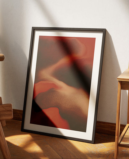 Framed contemporary abstract artwork "Contained Heat" from the Infinite Studio series by London-based artist Nicole Potrich, featuring deep red fluid marble-inspired textures and layered abstract movement.