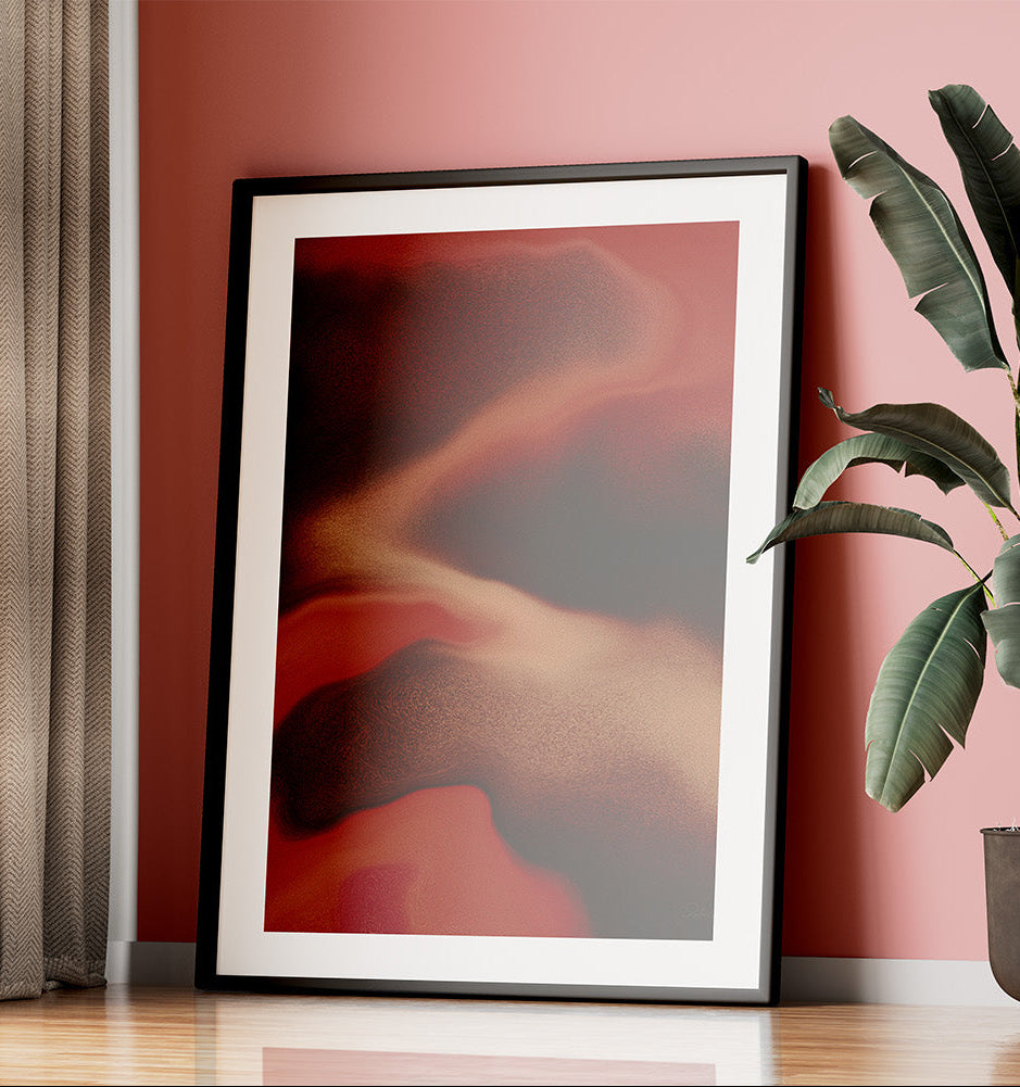 Framed contemporary abstract artwork "Contained Heat" from the Infinite Studio series by London-based artist Nicole Potrich, featuring deep red fluid marble-inspired textures and layered abstract movement.