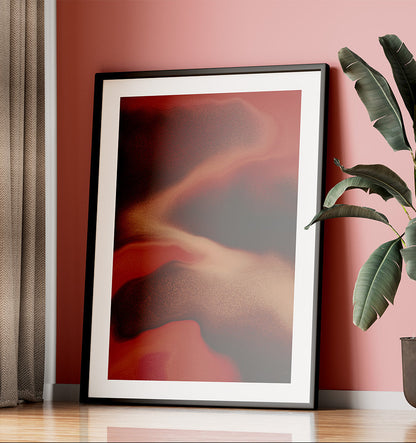 Framed contemporary abstract artwork "Contained Heat" from the Infinite Studio series by London-based artist Nicole Potrich, featuring deep red fluid marble-inspired textures and layered abstract movement.
