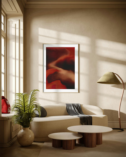 Contemporary abstract artwork "Contained Heat" from the Infinite Studio series by London-based artist Nicole Potrich, featuring deep red fluid marble-inspired textures and layered abstract movement.