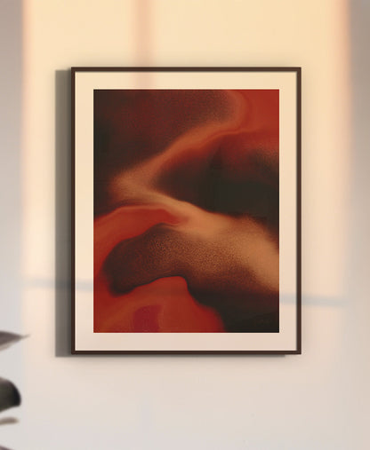 Framed abstract artwork with warm colors on a wall. Contemporary abstract artwork "Contained Heat" from the Infinite Studio series by London-based artist Nicole Potrich, featuring deep red fluid marble-inspired textures and layered abstract movement.