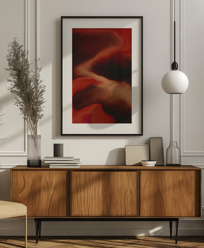 Modern living room with wooden console table, beige chair, with Contemporary abstract artwork "Contained Heat" from the Infinite Studio series by London-based artist Nicole Potrich, featuring deep red fluid marble-inspired textures and layered abstract movement.