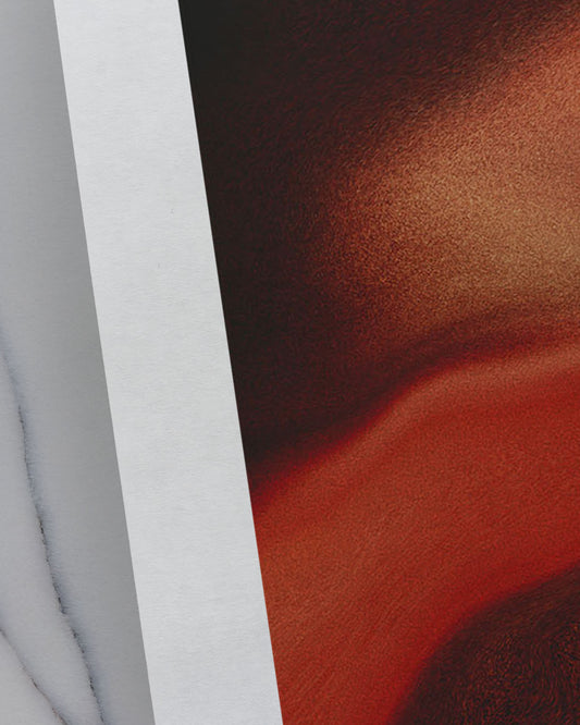 Close-up of contemporary abstract artwork "Contained Heat" from the Infinite Studio series by London-based artist Nicole Potrich, featuring deep red fluid marble-inspired textures and layered abstract movement.