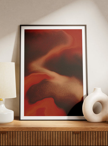 Framed contemporary abstract artwork "Contained Heat" from the Infinite Studio series by London-based artist Nicole Potrich, featuring deep red fluid marble-inspired textures and layered abstract movement.