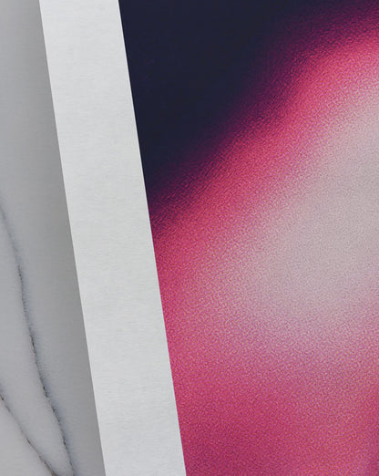 Close-up contemporary abstract artwork "Becoming" from the Infinite Studio series by Nicole Potrich featuring magenta and black fluid marble-inspired abstraction symbolising transformation and emergence.