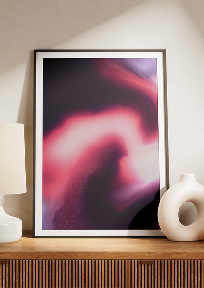 Framed contemporary abstract artwork "Becoming" from the Infinite Studio series by Nicole Potrich featuring magenta and black fluid marble-inspired abstraction symbolising transformation and emergence.