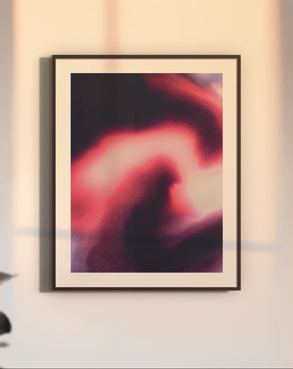 Framed contemporary abstract artwork "Becoming" from the Infinite Studio series by Nicole Potrich featuring magenta and black fluid marble-inspired abstraction symbolising transformation and emergence, mounted on wall.